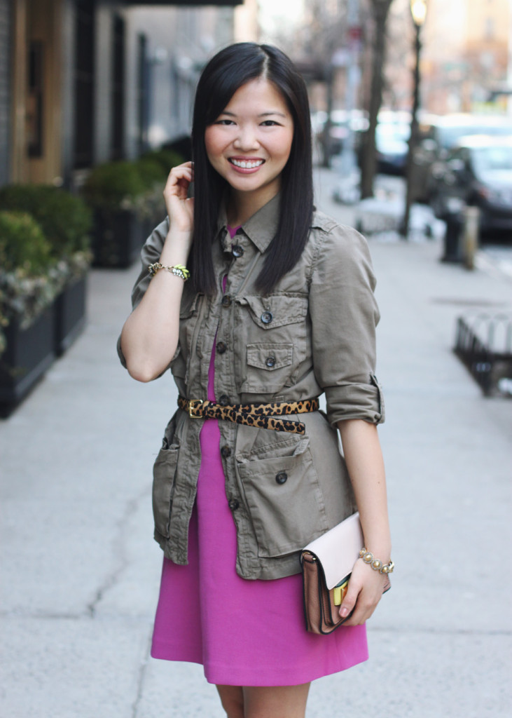 Military Jacket & Fuchsia Dress