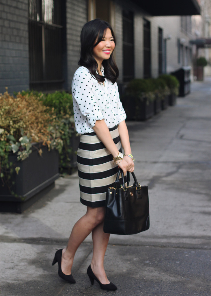 Polka Dot Blouse & Striped Skirt
