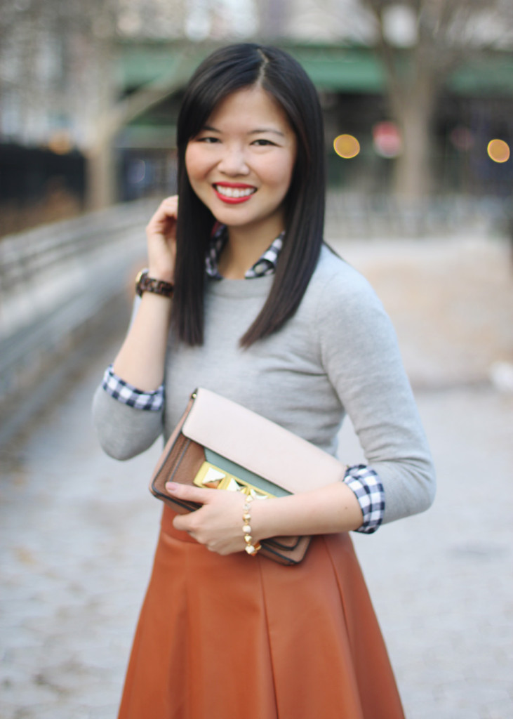 Navy Gingham Shirt & Brown Leather Skirt