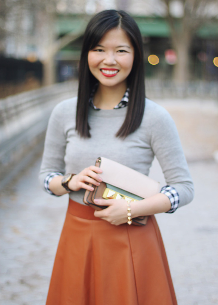 Navy Gingham Shirt & Brown Leather Skirt