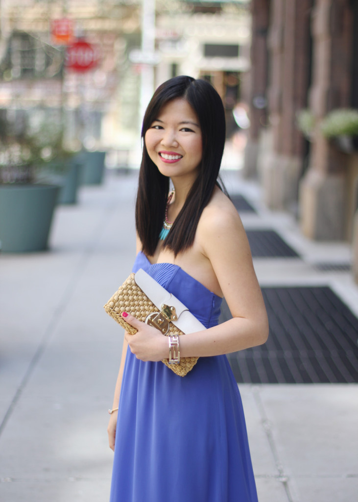 Blue Maxi Dress & Straw Clutch