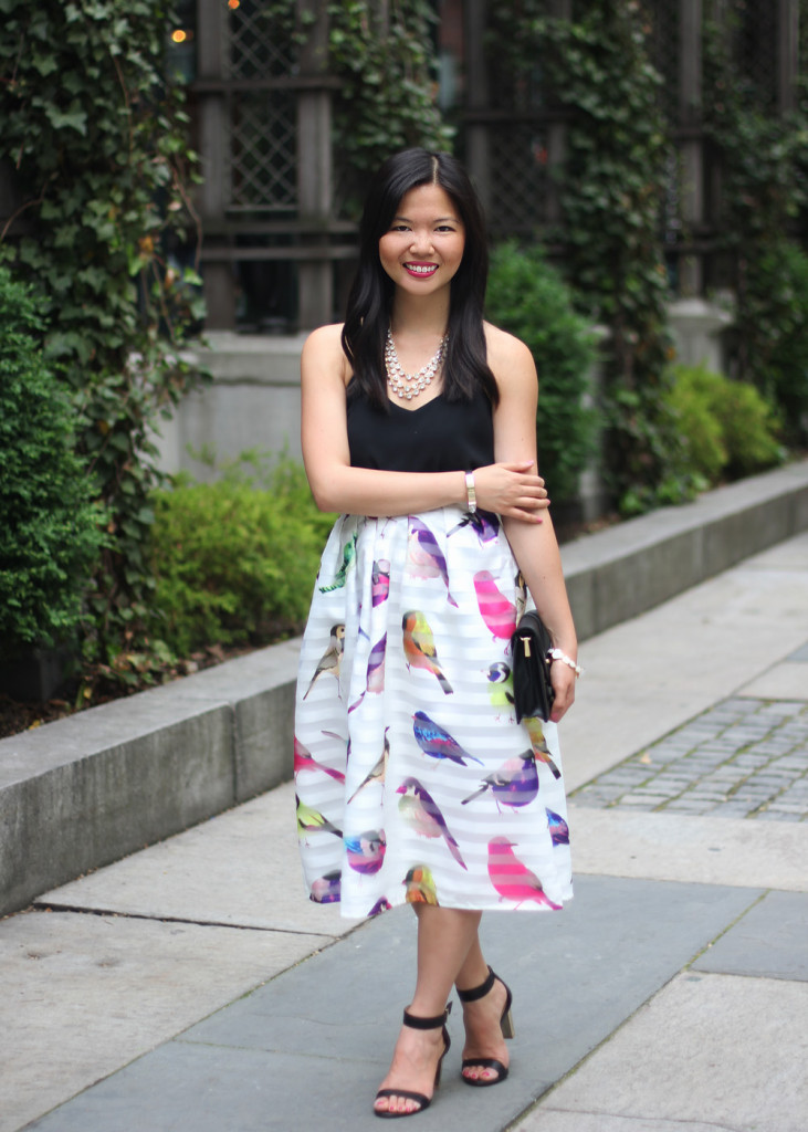 Colorful Bird Print Midi Skirt