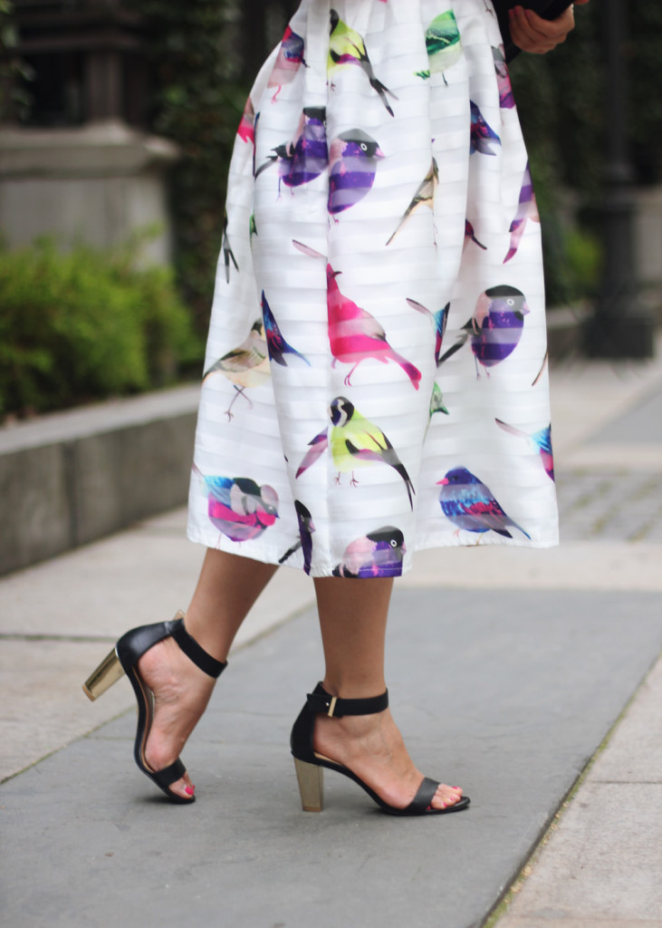 Colorful Bird Print Midi Skirt