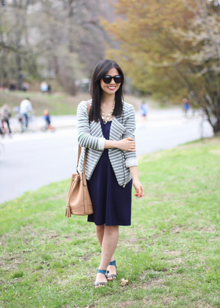Knit Moto Jacket & Navy Dress