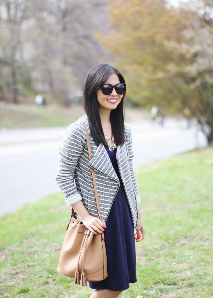 Knit Moto Jacket & Navy Dress