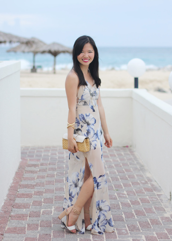 Beige & Blue Floral Maxi Dress