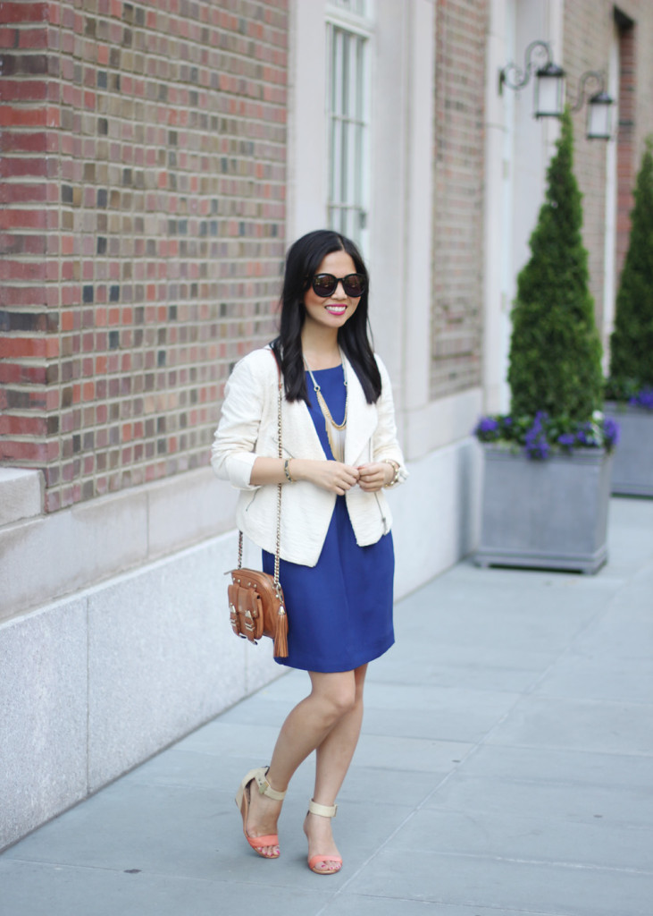 Cream Moto Jacket & Navy Dress