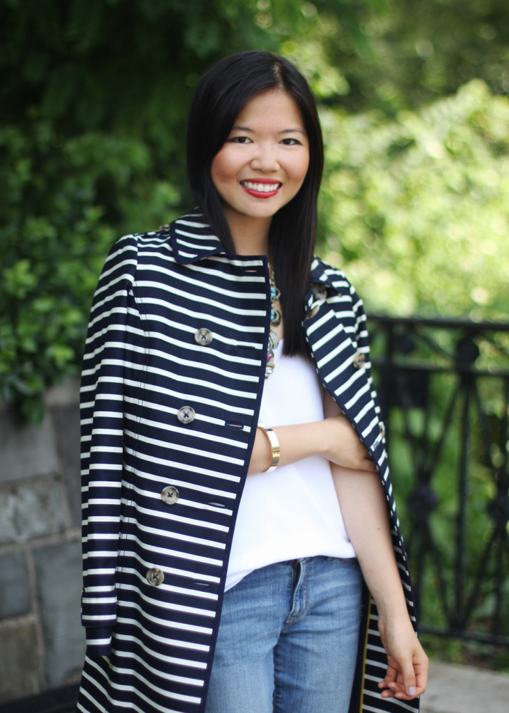 Navy & White Striped Trench Coat