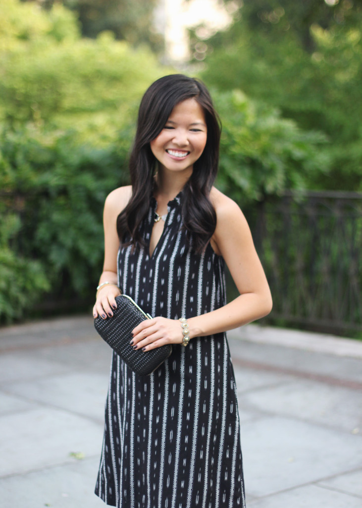 Black Ikat Striped Dress and Straw Clutch