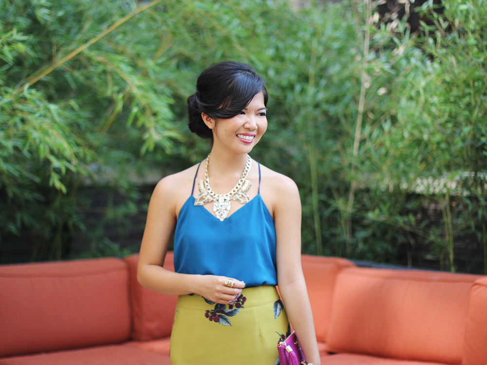 How to Transition from Summer to Fall Style with Color Emerald Spaghetti Strap Top & Gold Floral Skirt