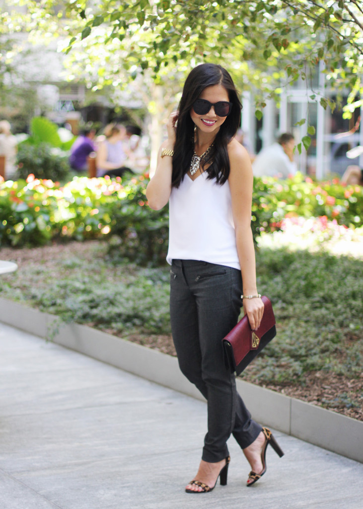 How to Wear Black, White & Burgundy in the Fall Swiss Dot Pants & Leopard Heels