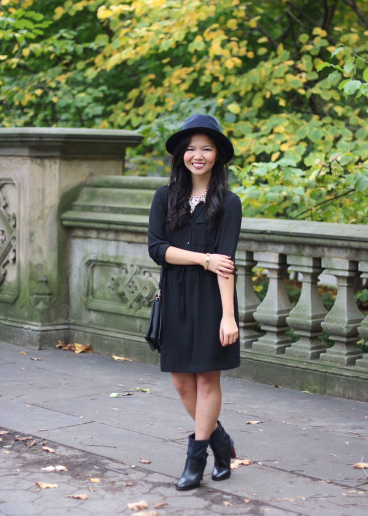 Black Shirt Dress & Navy Hat
