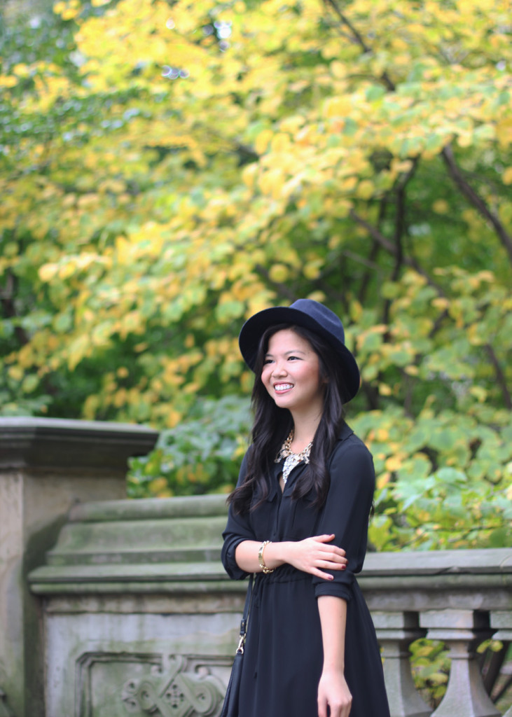 Black Dress, Felt Fedora and Fall Foliage