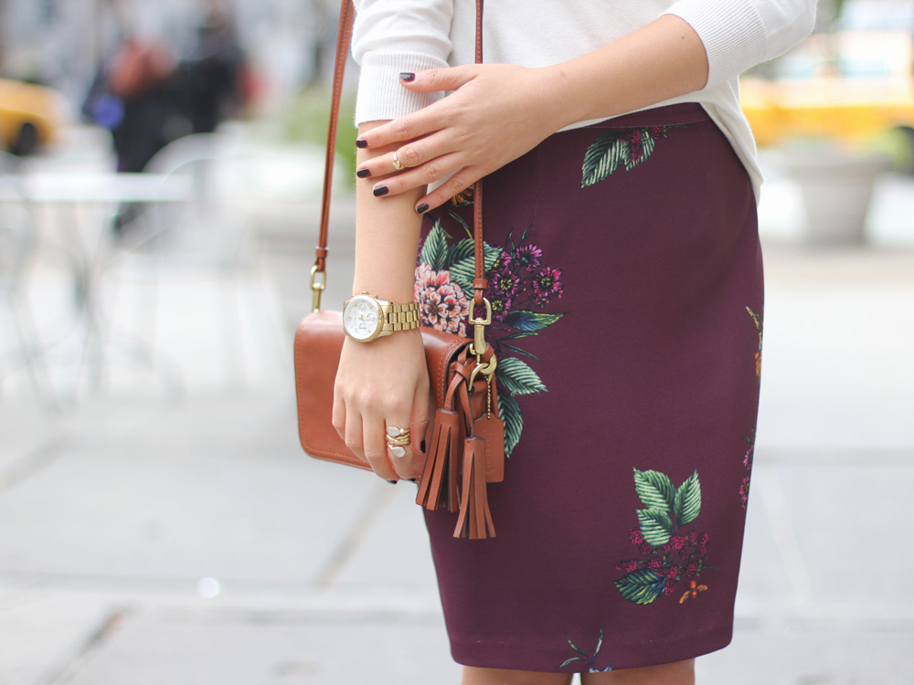 Burgundy Floral Pencil Skirt & Brown Tassel Bag