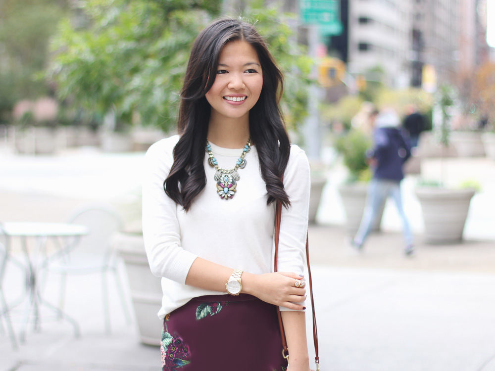 Cream Sweater & Burgundy Floral Skirt