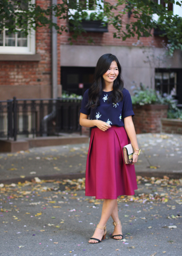 Navy Shirt & Fuschia Midi Skirt