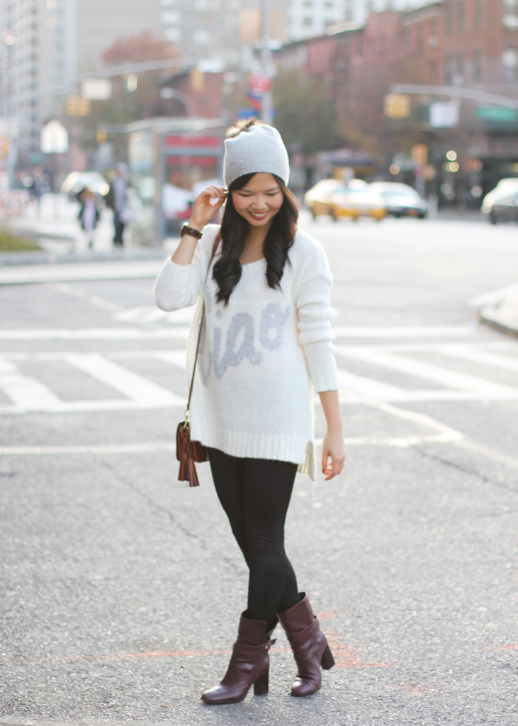 Aerie Ciao Graphic Sweater & Pom Pom Beanie