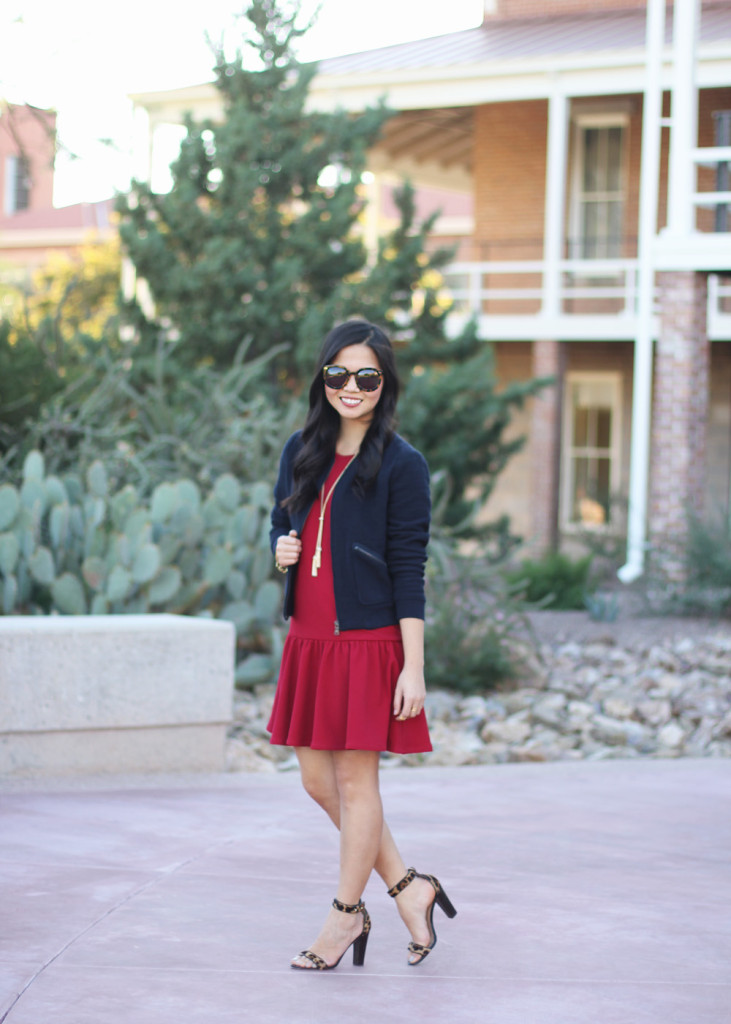 Red Drop Waist Dress & Navy Bomber Jacket