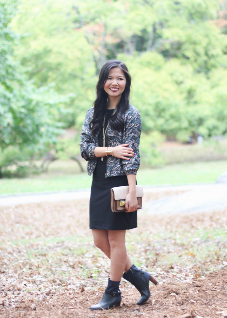 Fall Floral Bomber Jacket & Black Dress