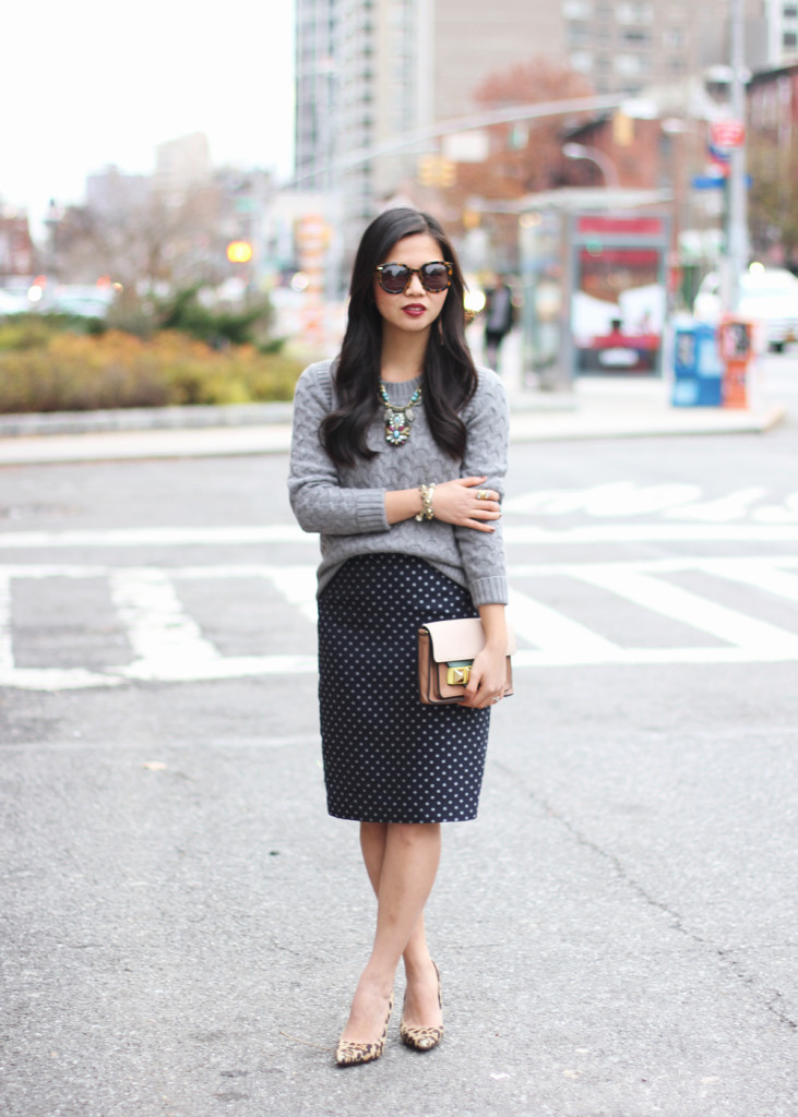 Cable Knit Sweater & Navy Polka Dot Pencil Skirt