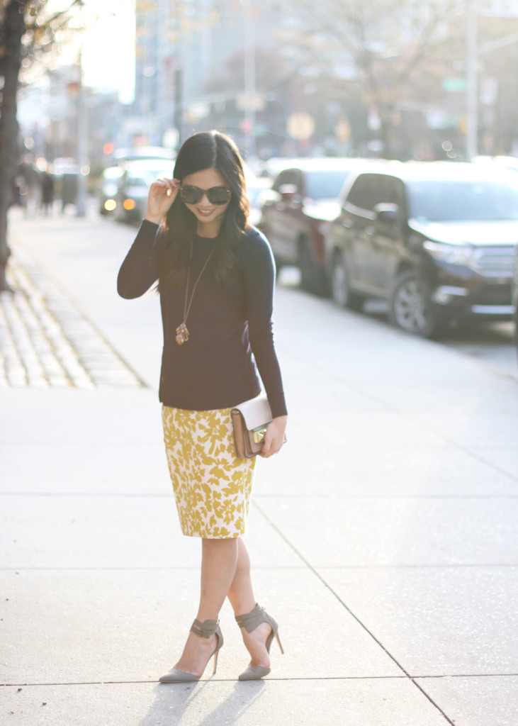 Navy Sweater & Yellow Floral Pencil Skirt