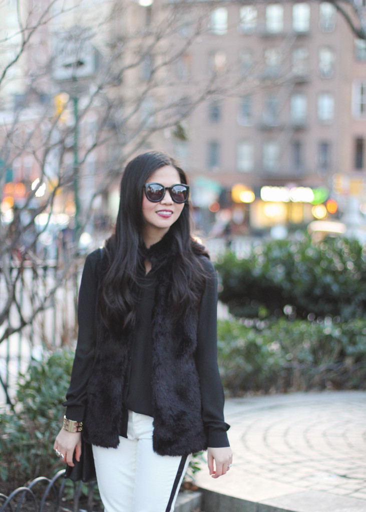 Skirt The Rules // Black Faux Fur Vest & White Jeans