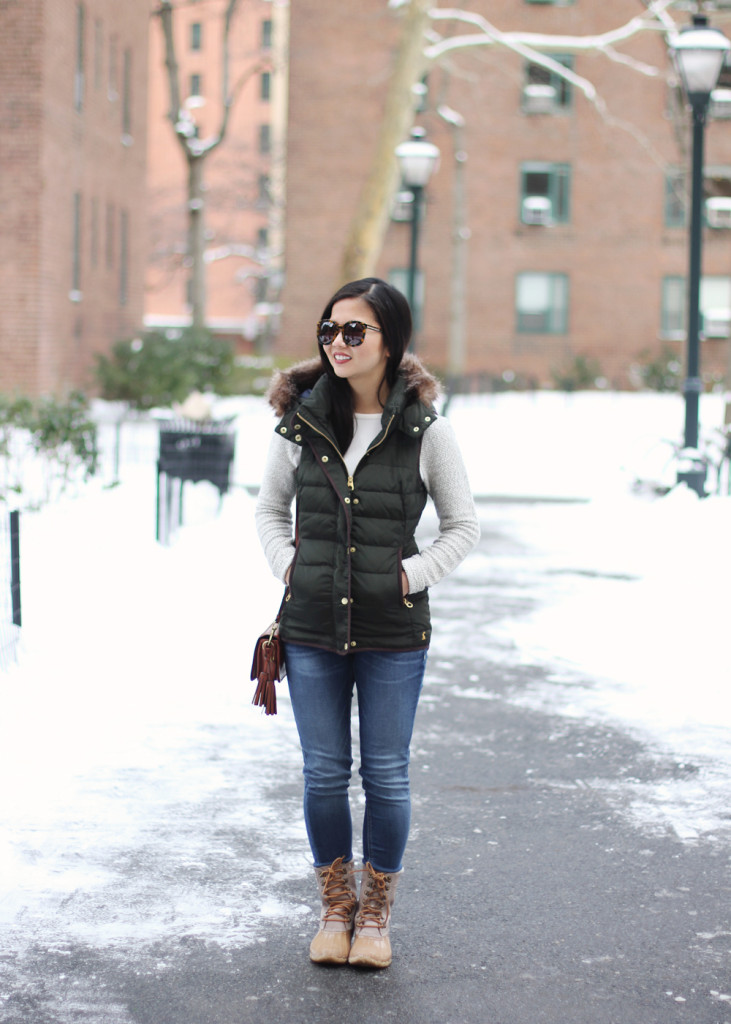 Skirt The Rules // Green Puffer Vest & Sperry Top-Sider Snow Boots