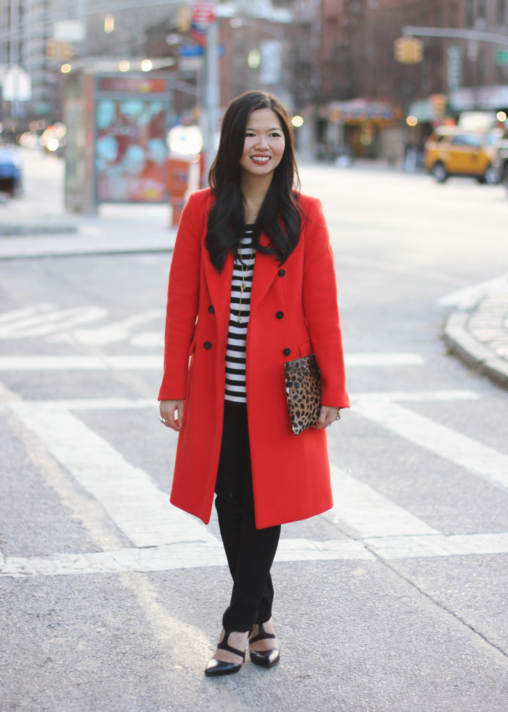 Red Coat & Striped Sweater