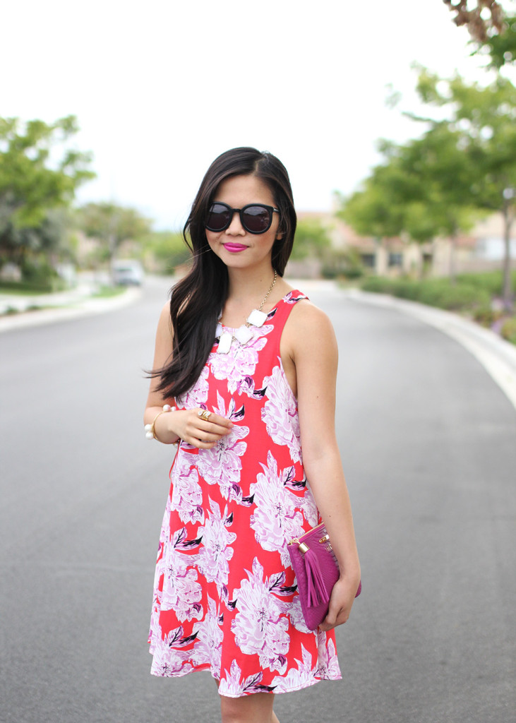 Skirt The Rules // Red Floral Summer Dress & Purple Clutch