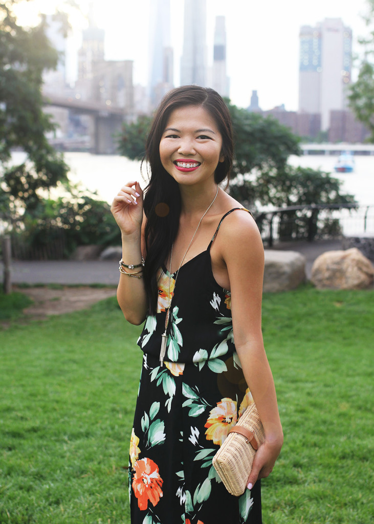 Cute Summer Outfit / Floral Print Maxi & Straw Clutch