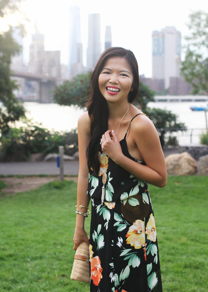 Cute Summer Outfit / Floral Print Maxi & Straw Clutch