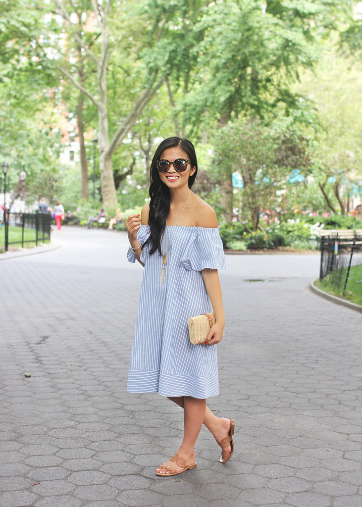 Blue & White Striped Off the Shoulder Dress