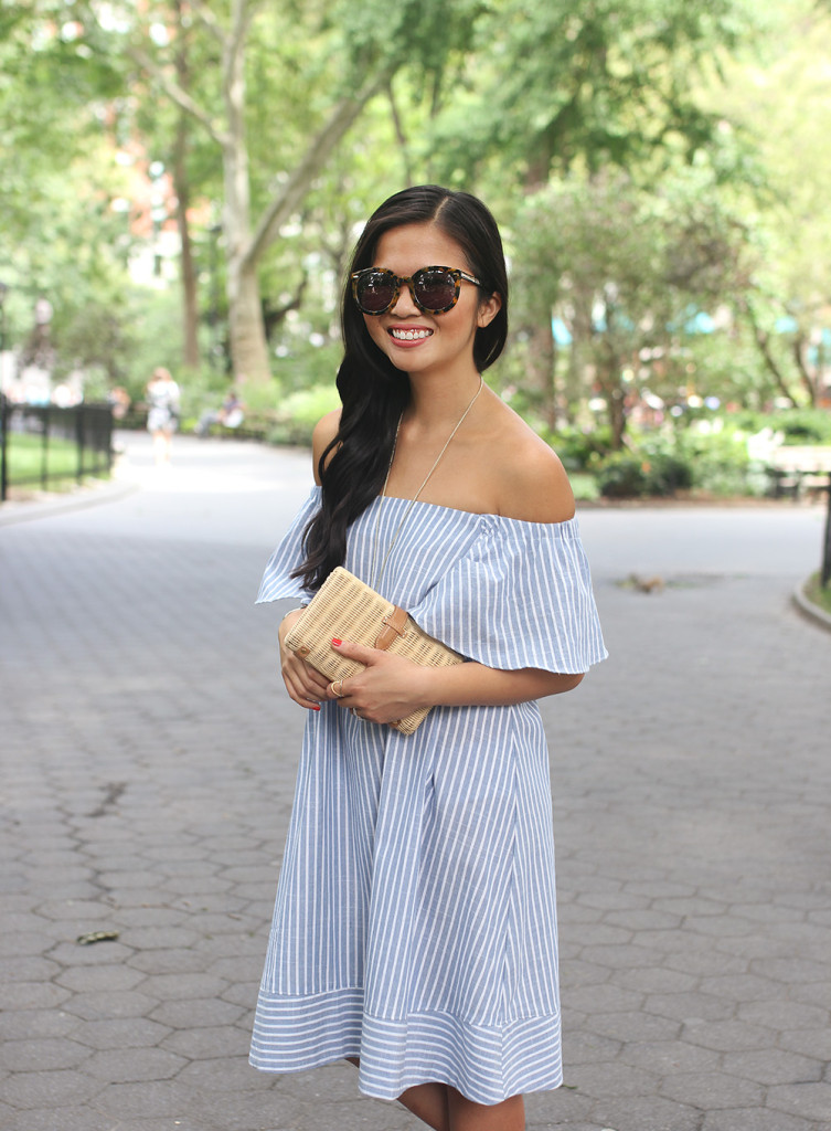 Blue & White Striped Off the Shoulder Dress
