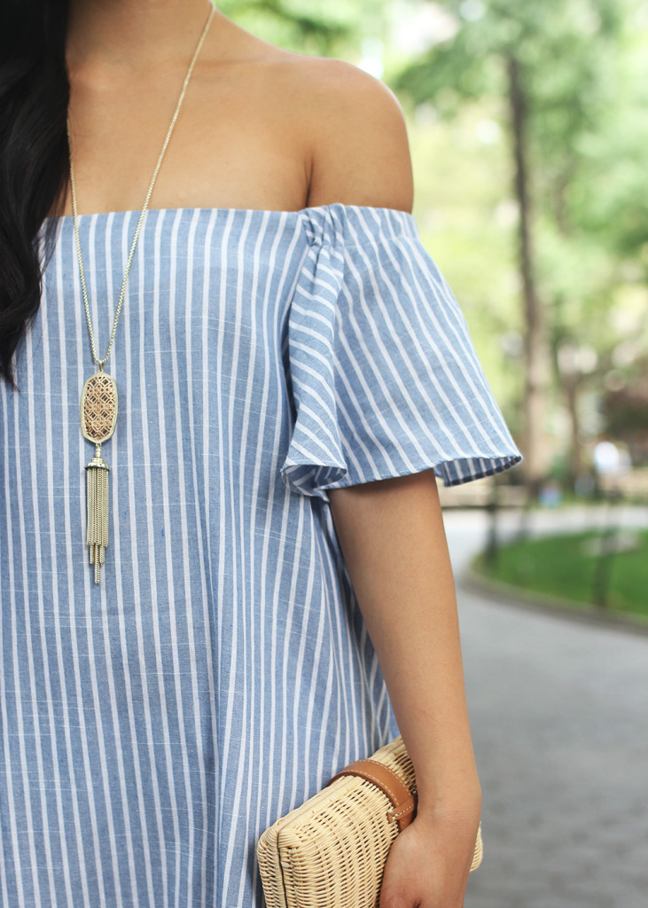 Blue & White Striped Off the Shoulder Dress