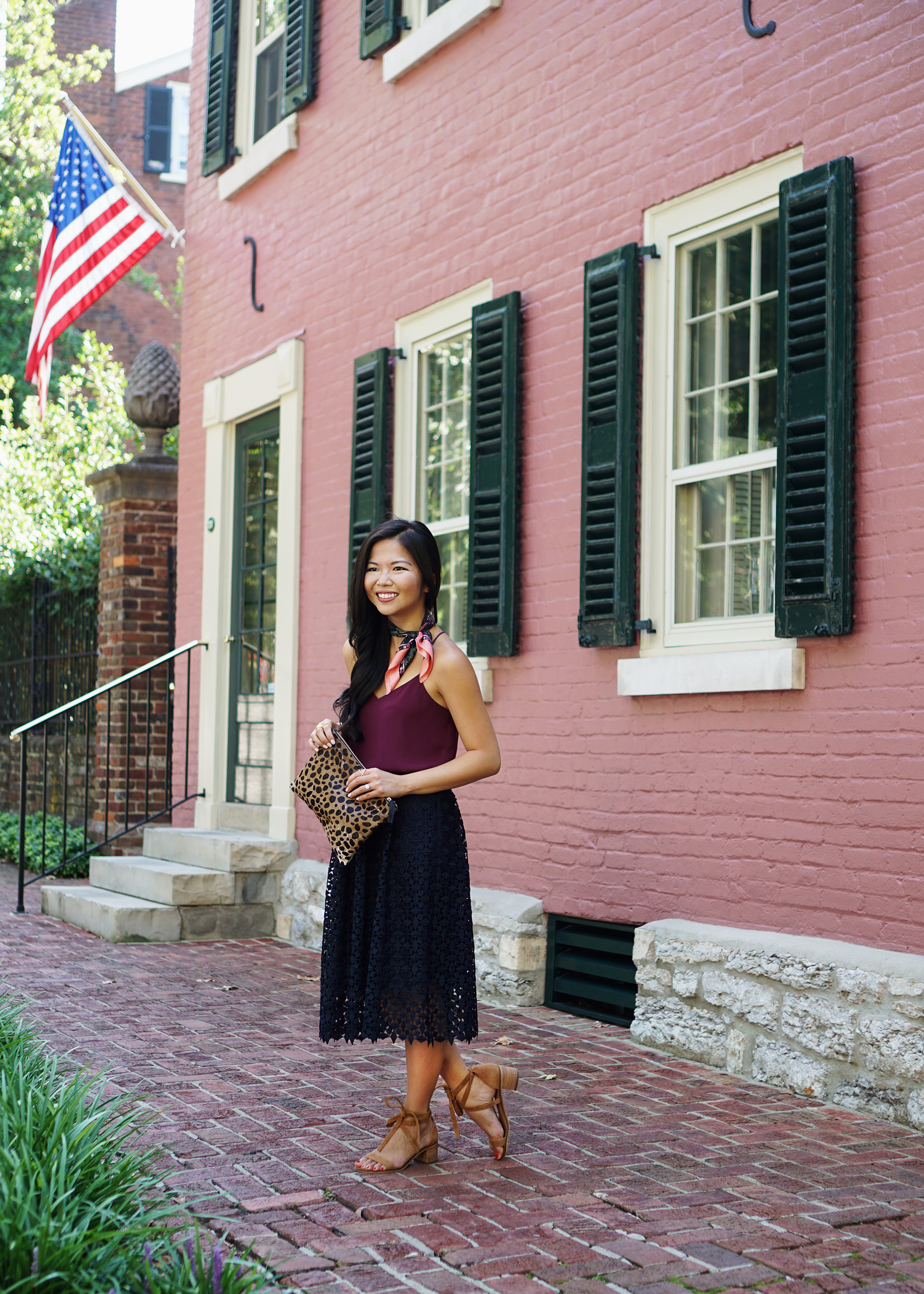 Burgundy Cami & Navy Lace Skirt