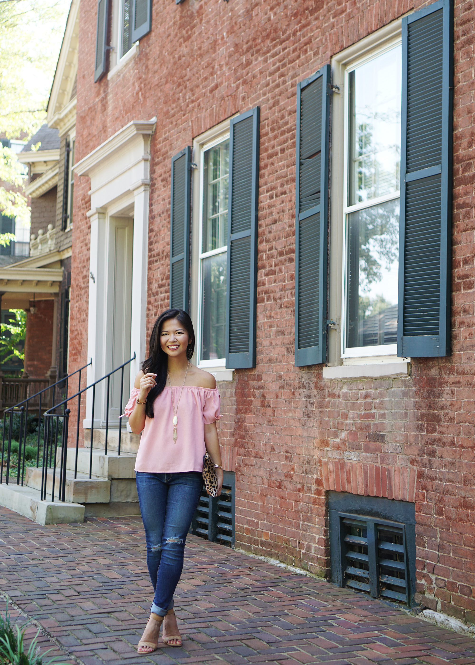 Fall Transition Outfit / Pink Off The Shoulder Top & Skinny Jeans