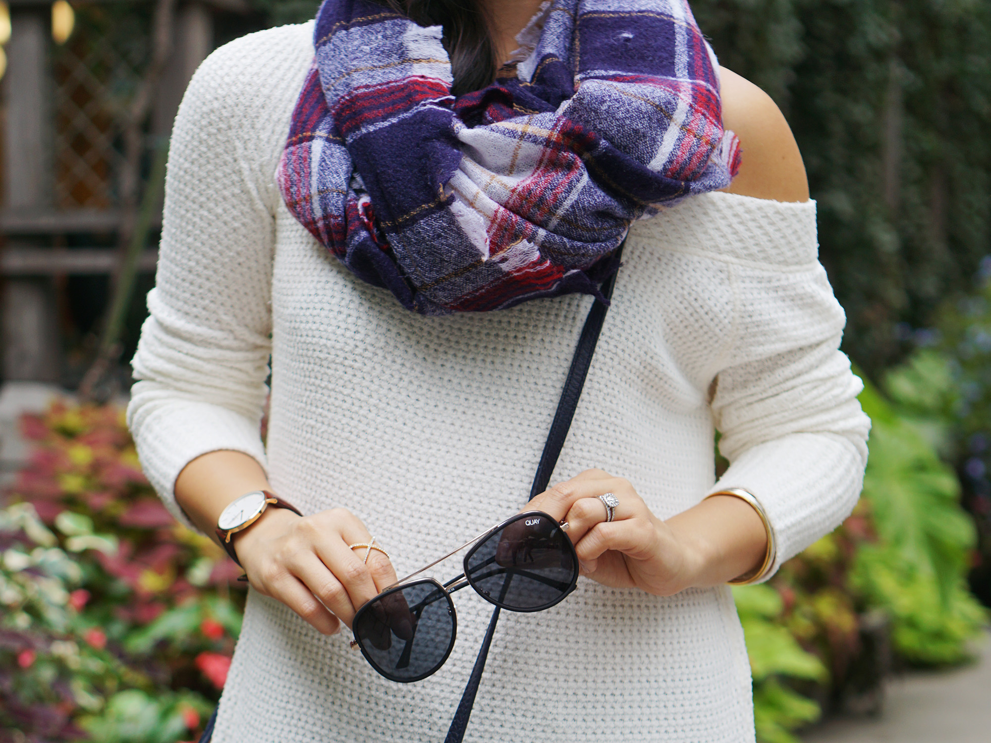 Skirt The Rules / Off the Shoulder Top & Plaid Scarf