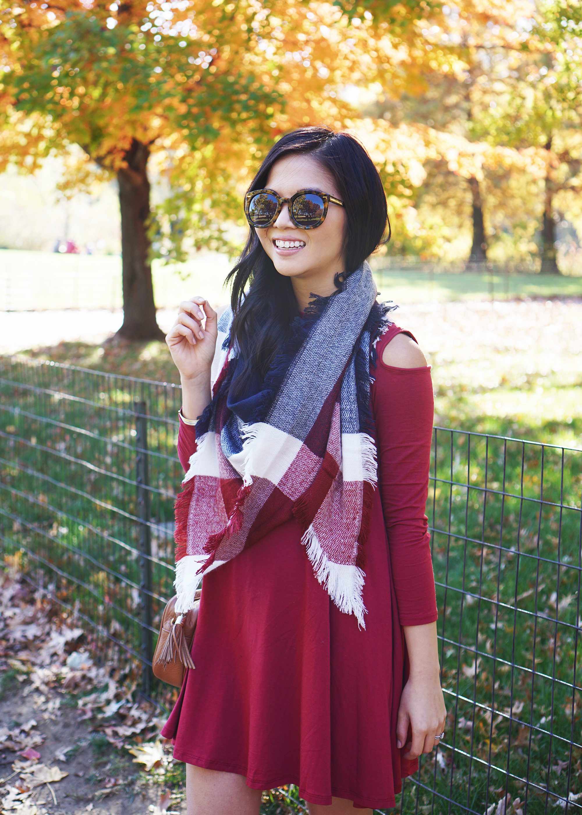 Fall Style: Cold Shoulder Dress & Blanket Scarf