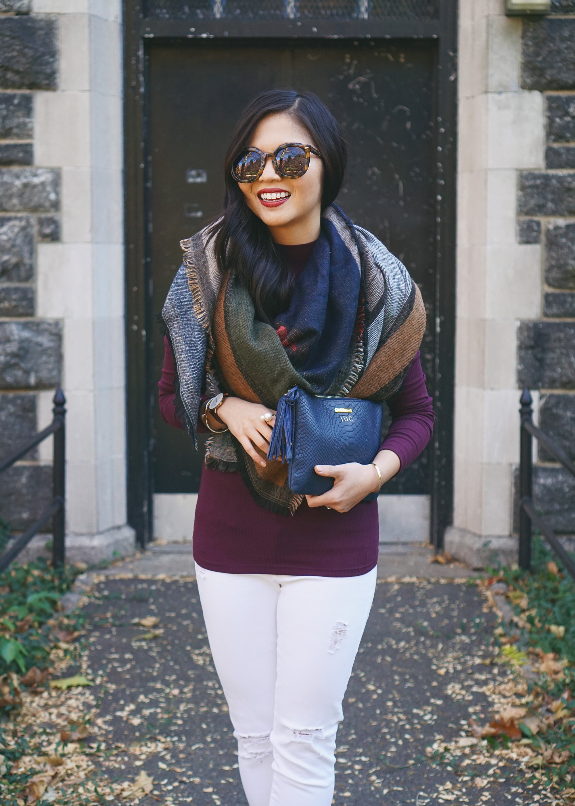 Oversized Blanket Scarf & Navy Clutch