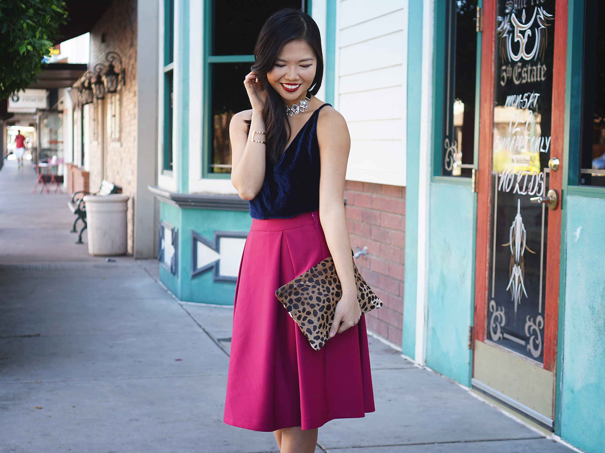 Navy & Fuschia Holiday Party Outfit
