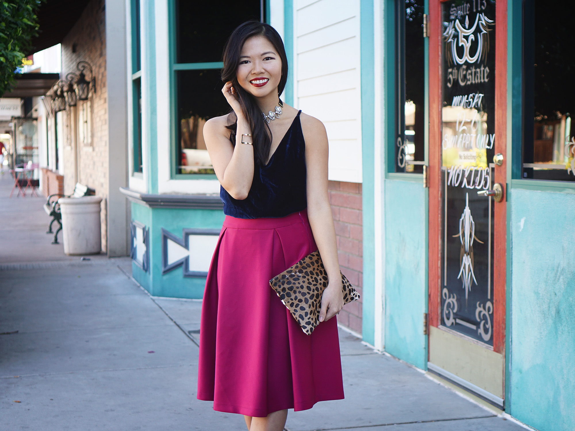 Navy & Fuschia Holiday Party Outfit
