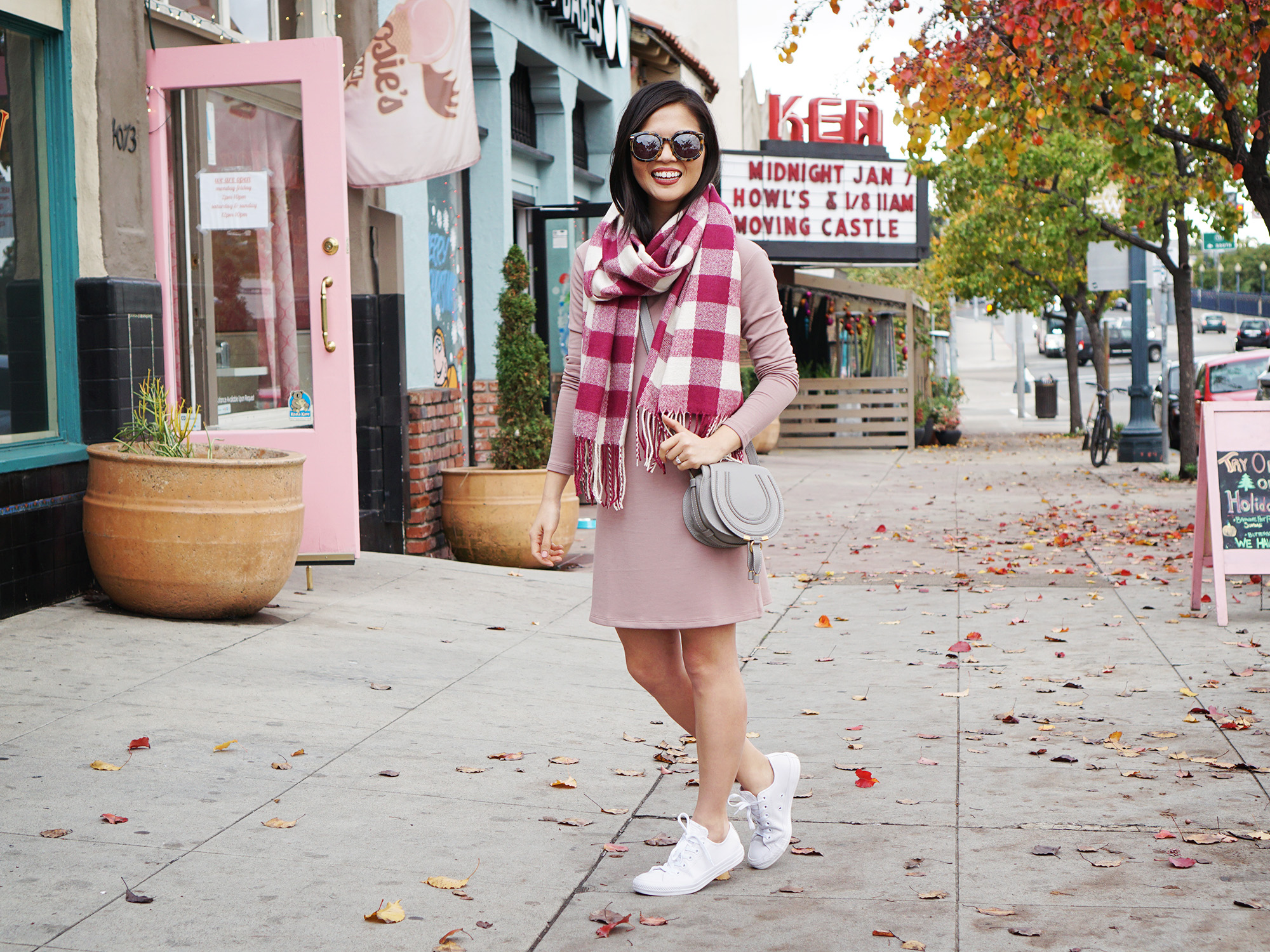 Pale Pink Long Sleeve Dress & Plaid Scarf
