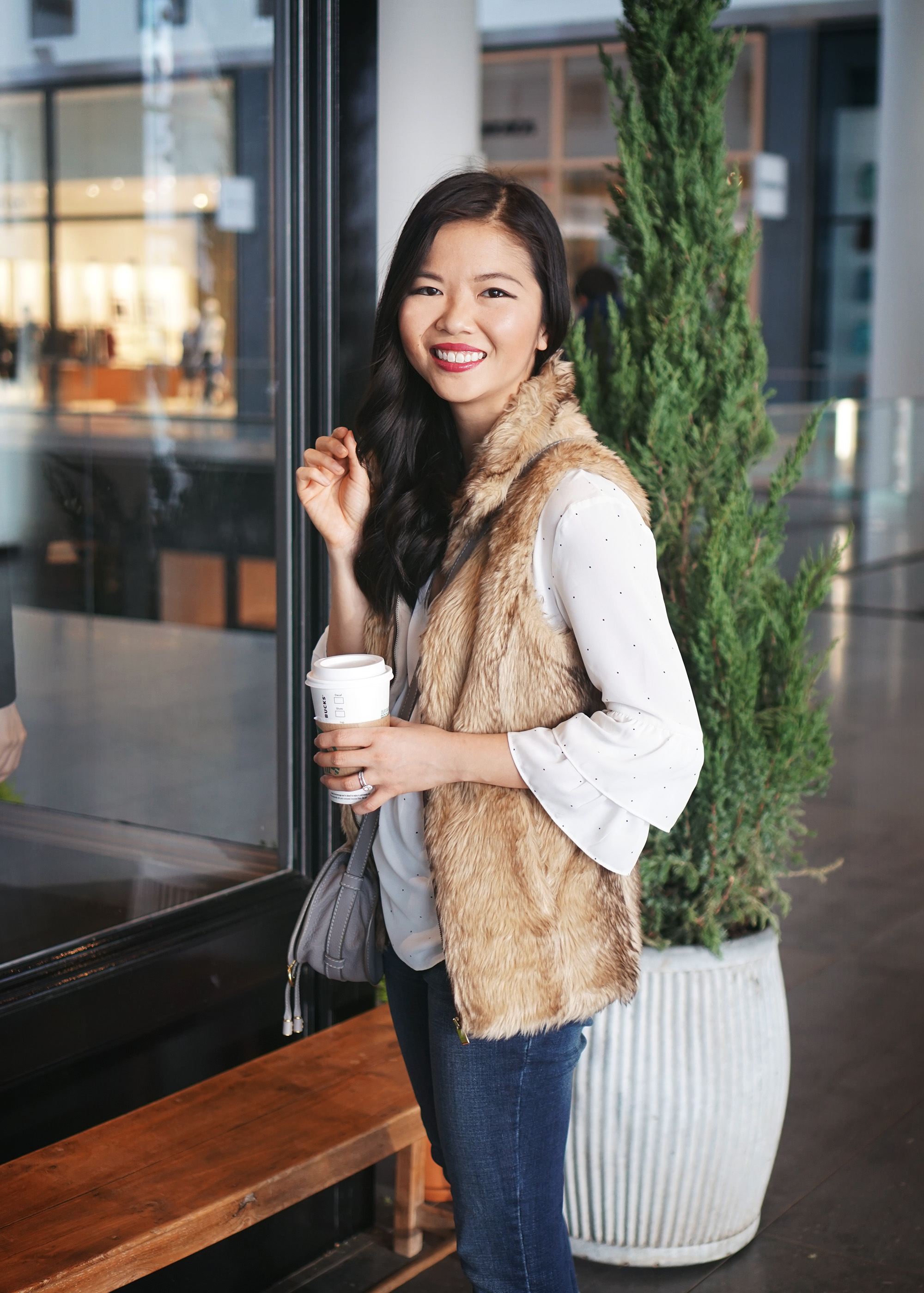 Winter Weekend Style: Faux Fur Vest & Ruffle Sleeve Blouse