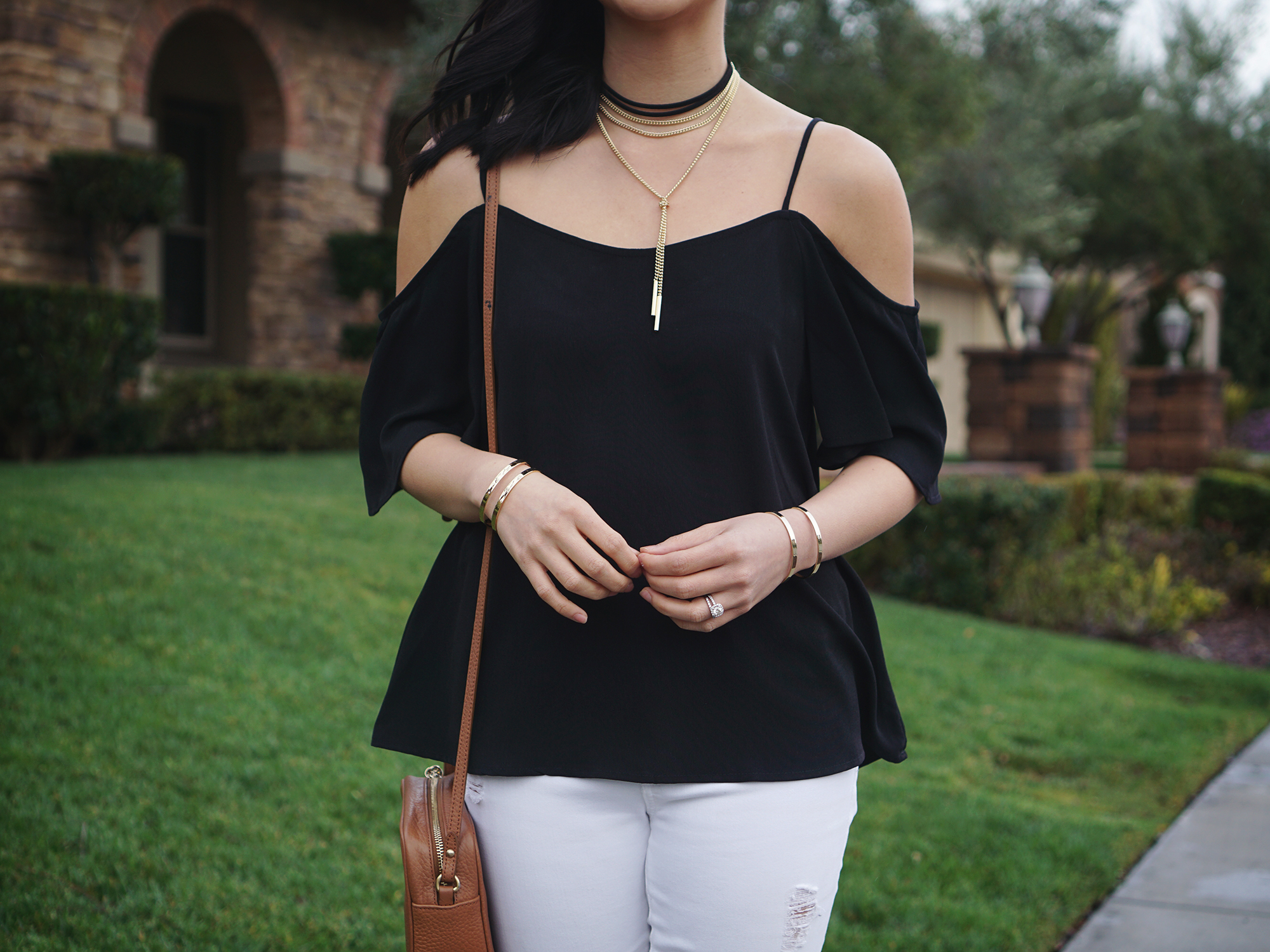 Skirt The Rules / Black Cold Shoulder Top & Layered Choker Necklace