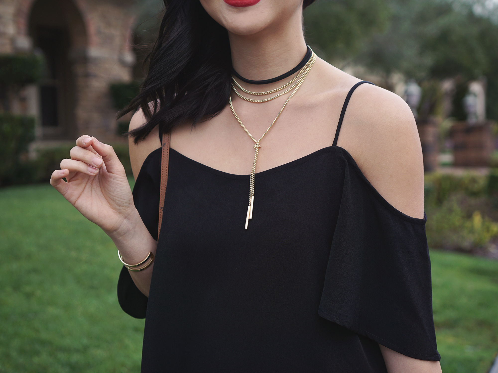 Skirt The Rules / Black Cold Shoulder Top & Layered Choker Necklace