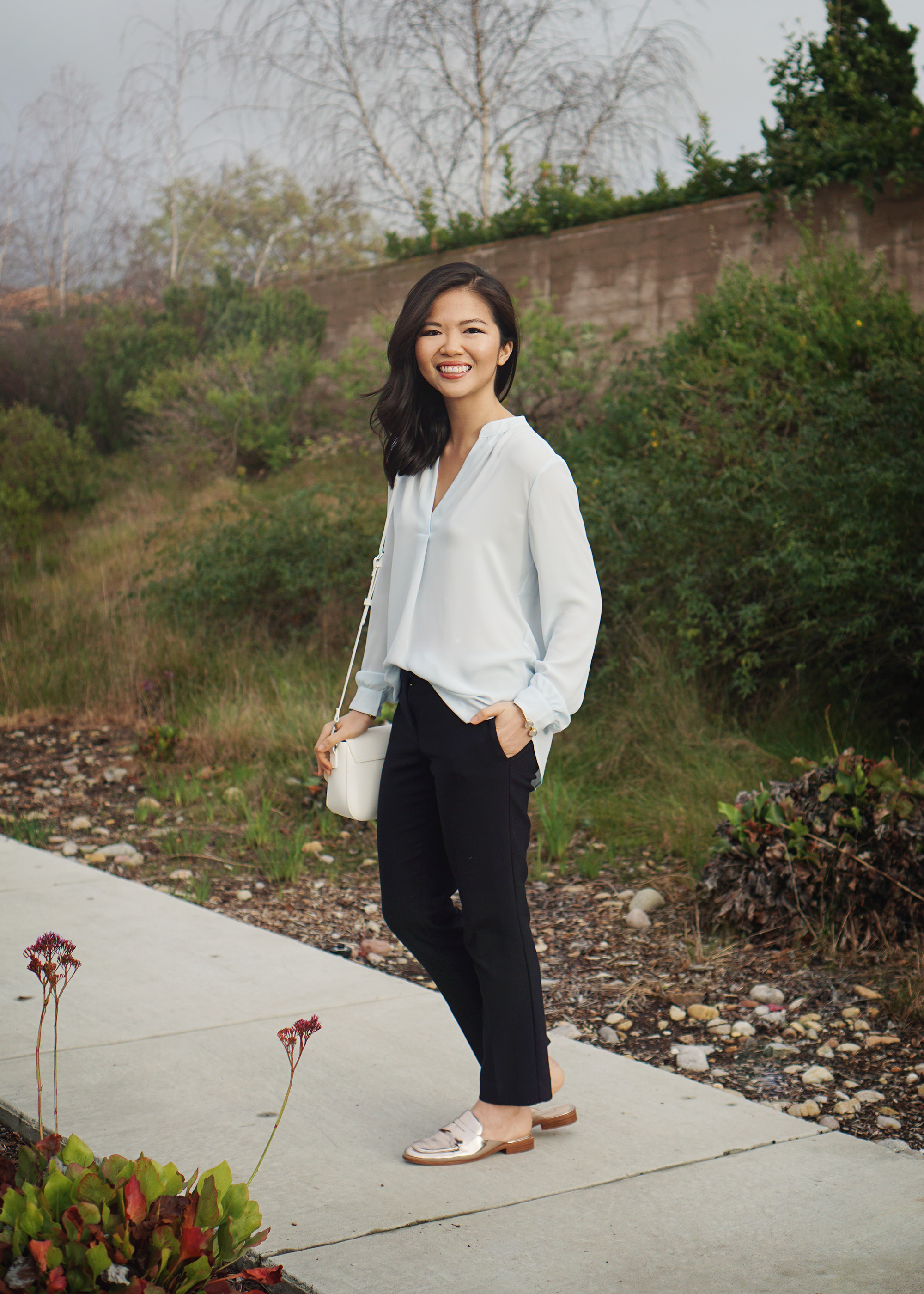 Skirt The Rules / Light Blue Blouse & Navy Slacks