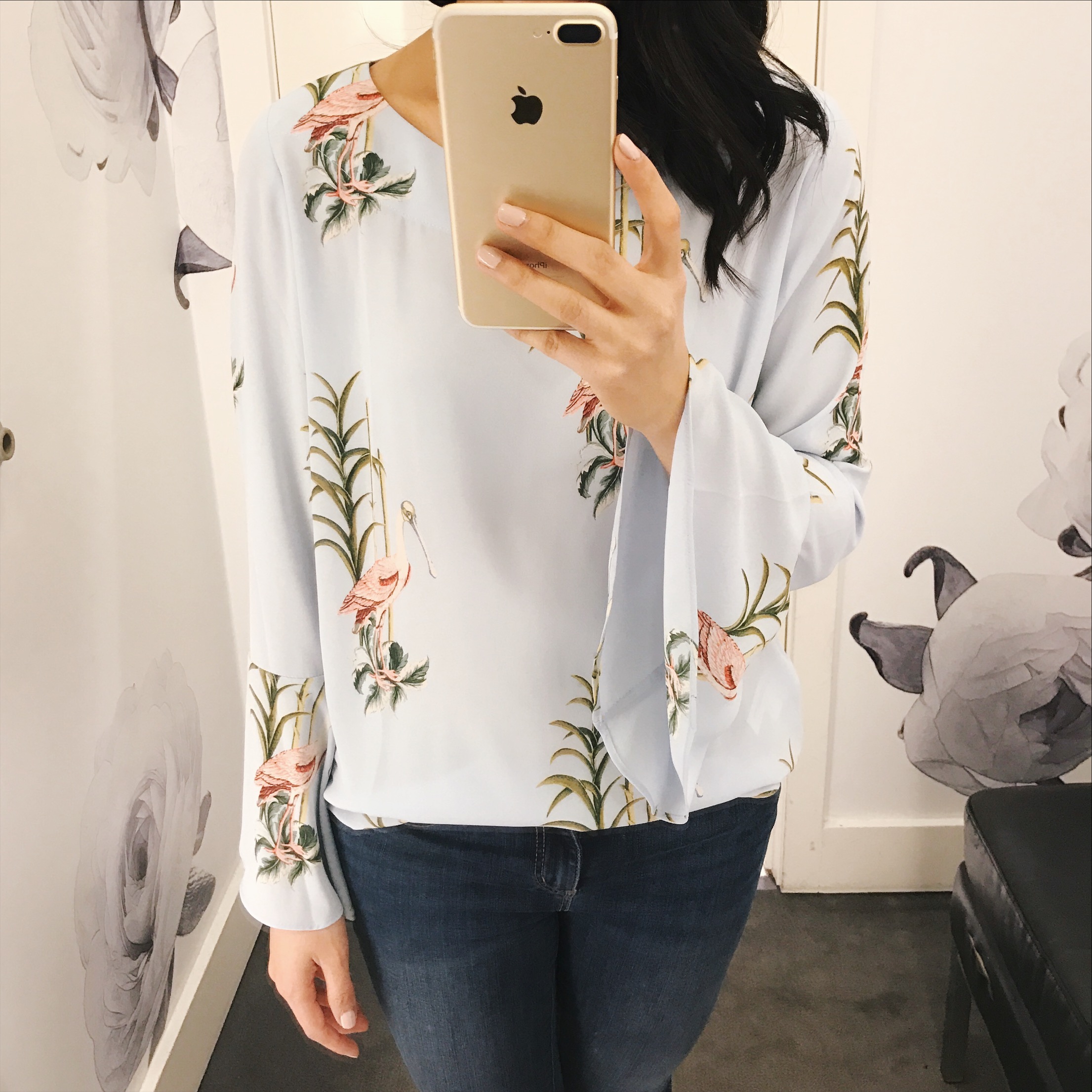 Bird Print Bell Sleeve Blouse
