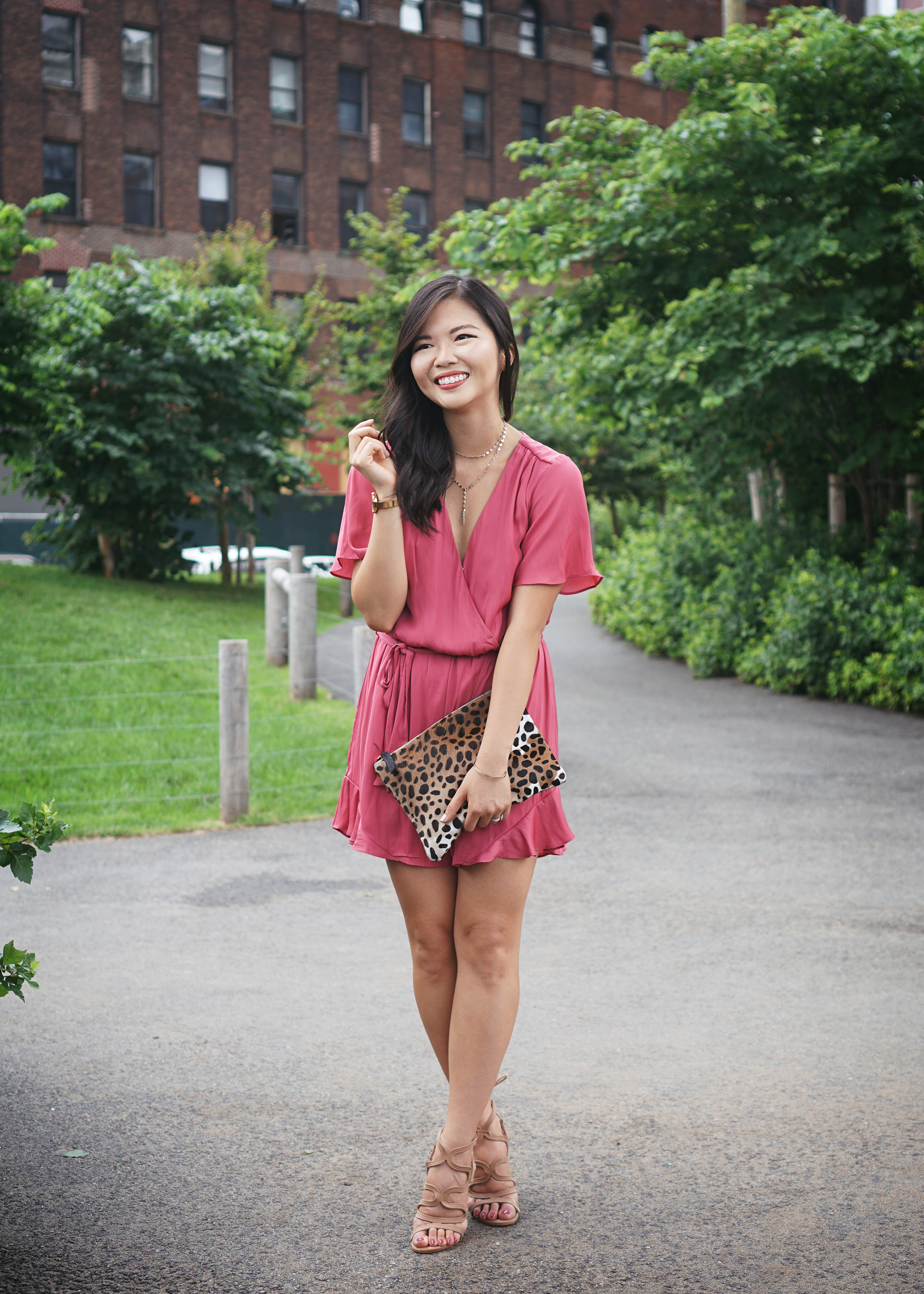Summer Style / Pink Satin Romper with Ruffle Hem