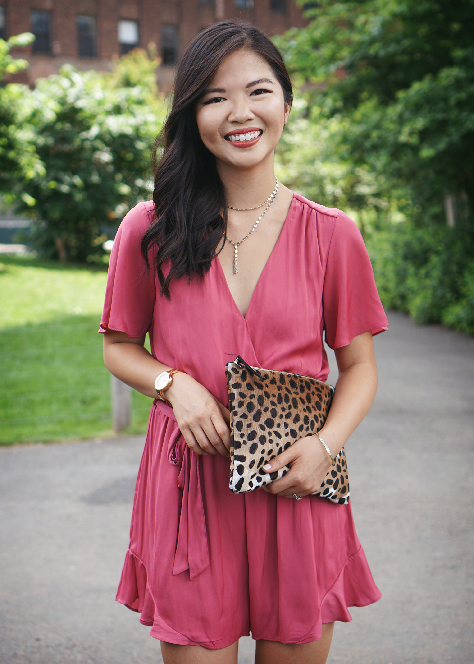 Summer Style / Pink Satin Romper & Leopard Clutch