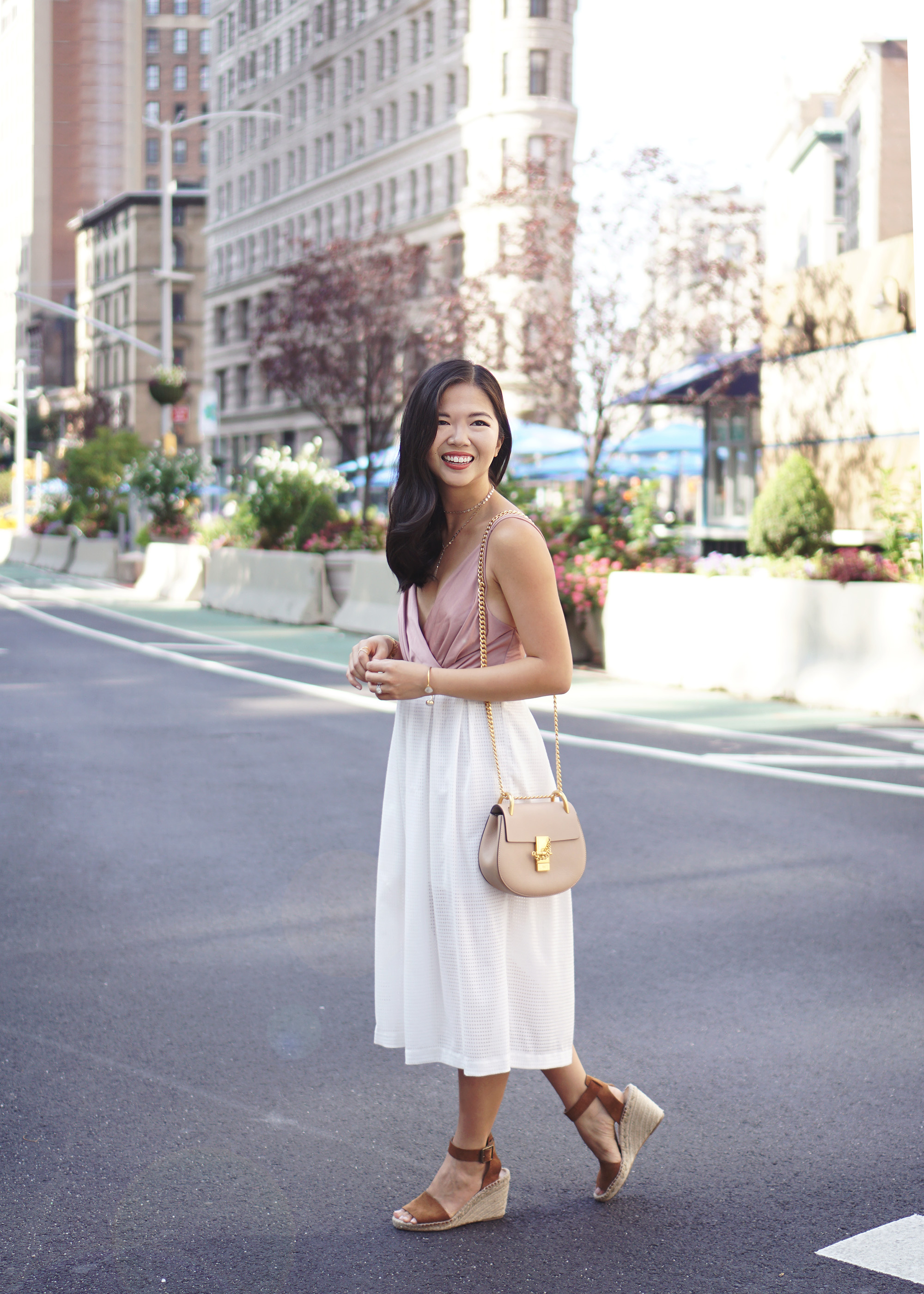 Neutral Style Inspiration: Blush Wrap Bodysuit and White Midi Skirt